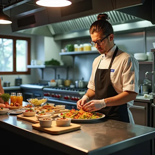 Prompt: central kitchen for frozen food with cooking chef