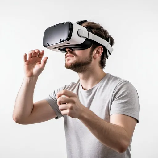 Prompt: A man playing a game with a vr set in a white background