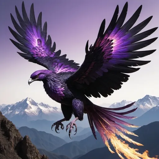 Prompt: A mayestic Phoenix of Black and Purple Color midflight above a Mountainrange 