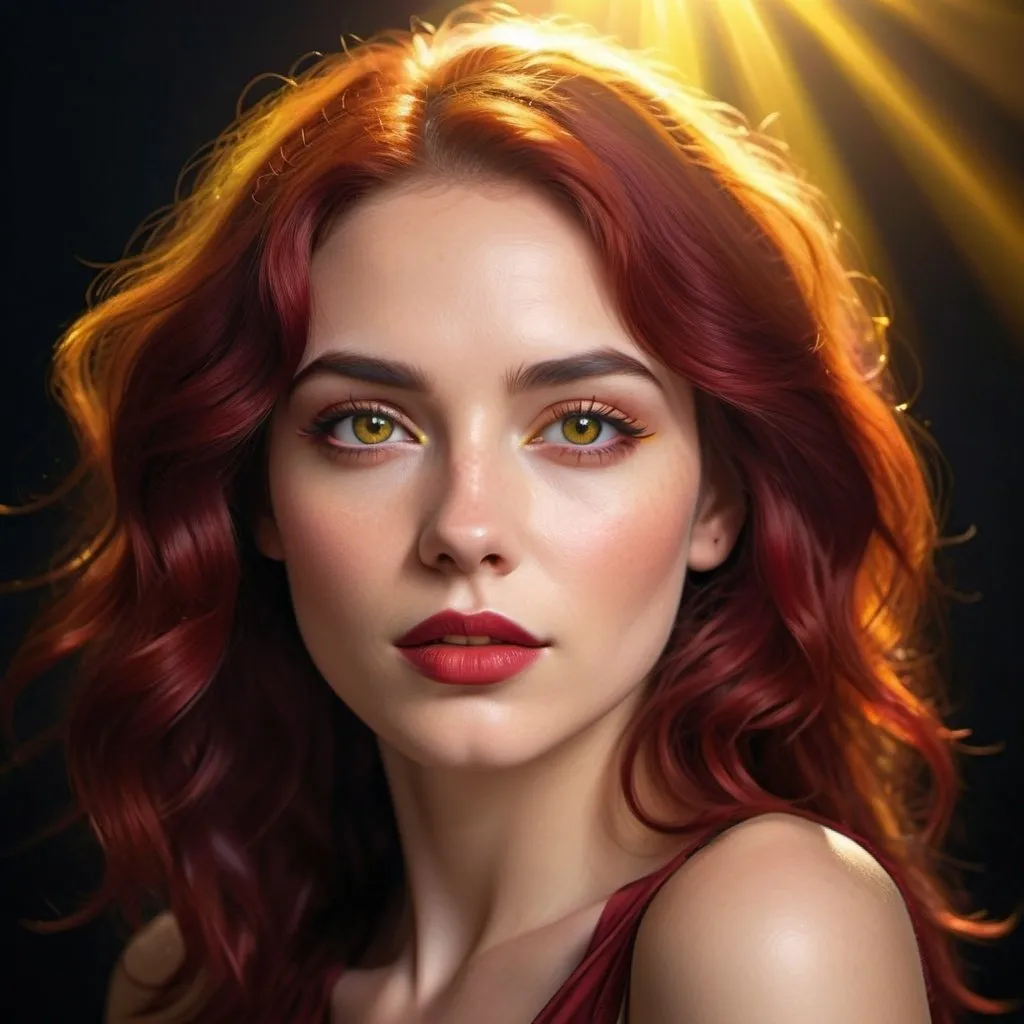 Prompt: Woman with shoulder-length wavy crimson hair, citrine yellowish eyes radiating beams of light, implausibly artistic black eyebrows, elegantly straight nose, broad and sensual bright rouge lips, highres, ultra-detailed, fantasy, vivid colors, radiant lighting