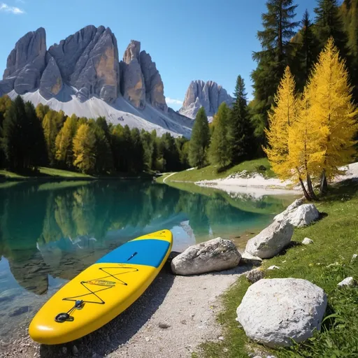 Prompt: italien Lake, Dolomites,  Camping trailer, SUP in Blue and yellow, Nature, Trees, rocks