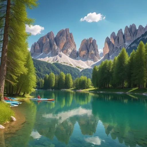 Prompt: italien Lake, Dolomites, Campingsite, Caravans, SUP in Blue, Nature, Trees