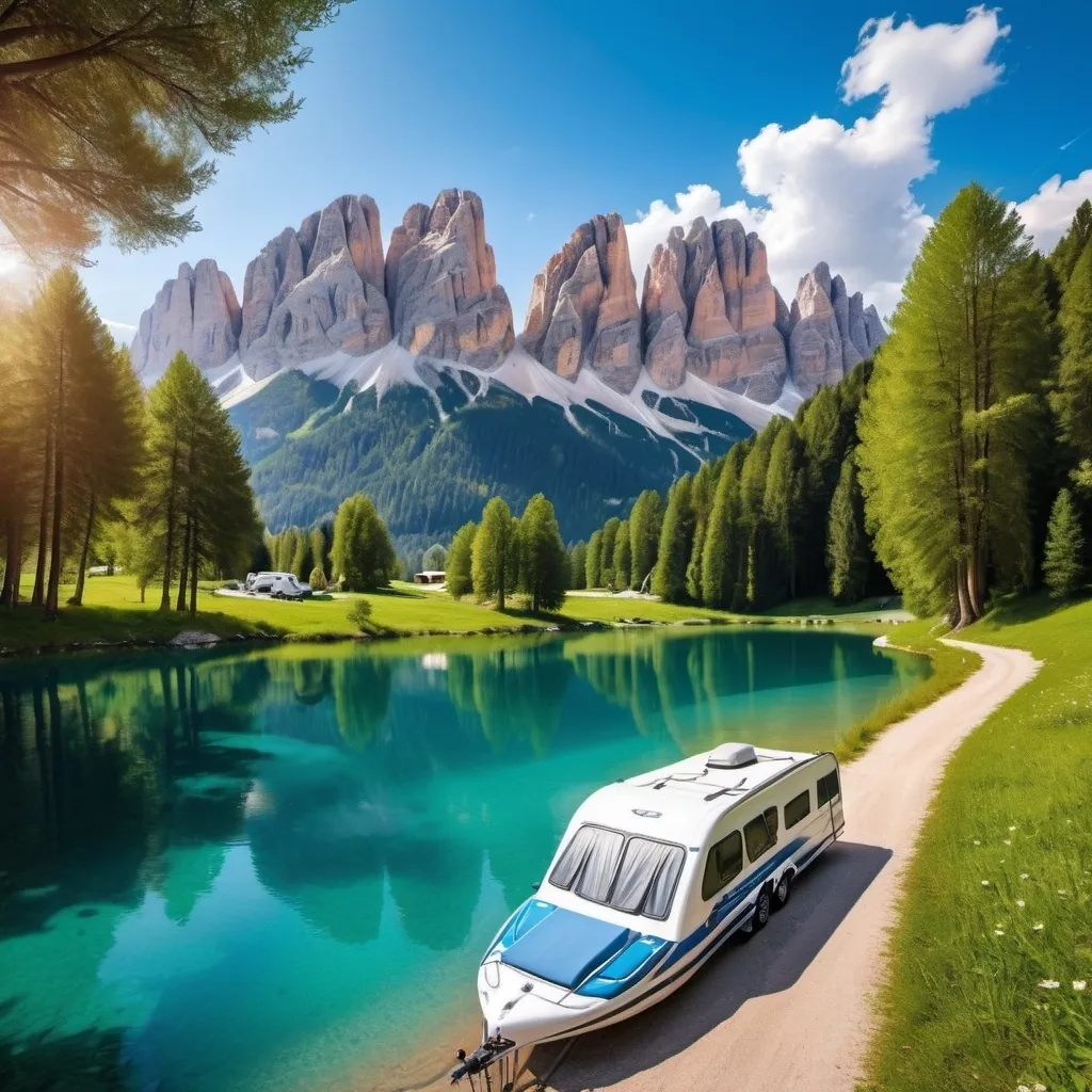 Prompt: italien Lake, Dolomites,  Camping trailer, SUP in Blue, Nature, Trees