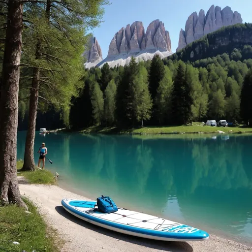 Prompt: italien Lake, Dolomites,  Camping trailer, SUP in Blue, Nature, Trees