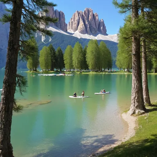 Prompt: italien Lake, Dolomites, Campingsite, SUP, Nature, Trees