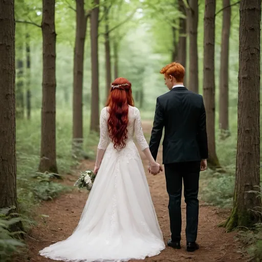 Prompt: a bride and a groom facing into the woods holding hands. The girl have red hair and the boy have long dark hair