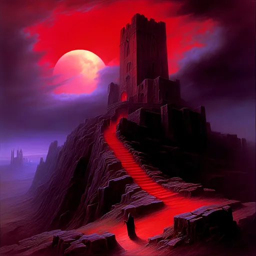 Prompt: <mymodel>a castle on a hill with a full moon in the background and a red sky with clouds and a trail leading to it, Christophe Vacher, gothic art, dark fantasy art, a detailed matte painting