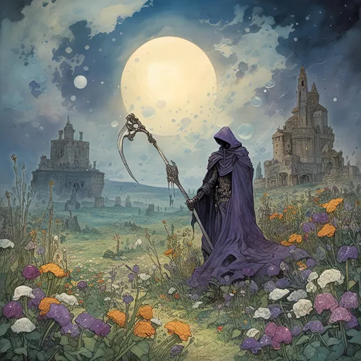 Prompt: <mymodel>a hauntingly beautiful scene where the Grim Reaper, cloaked in shadows and wielding a scythe of gleaming obsidian, stands amidst a field of withered flowers. The sky above is a swirling canvas of midnight blues and purples, streaked with ethereal wisps of silver. In the Reaper's wake, souls rise as luminous orbs, each carrying a story of their own. Capture the juxtaposition of darkness and light, the delicate balance between life and death, in a mesmerizing AI-generated artwork.