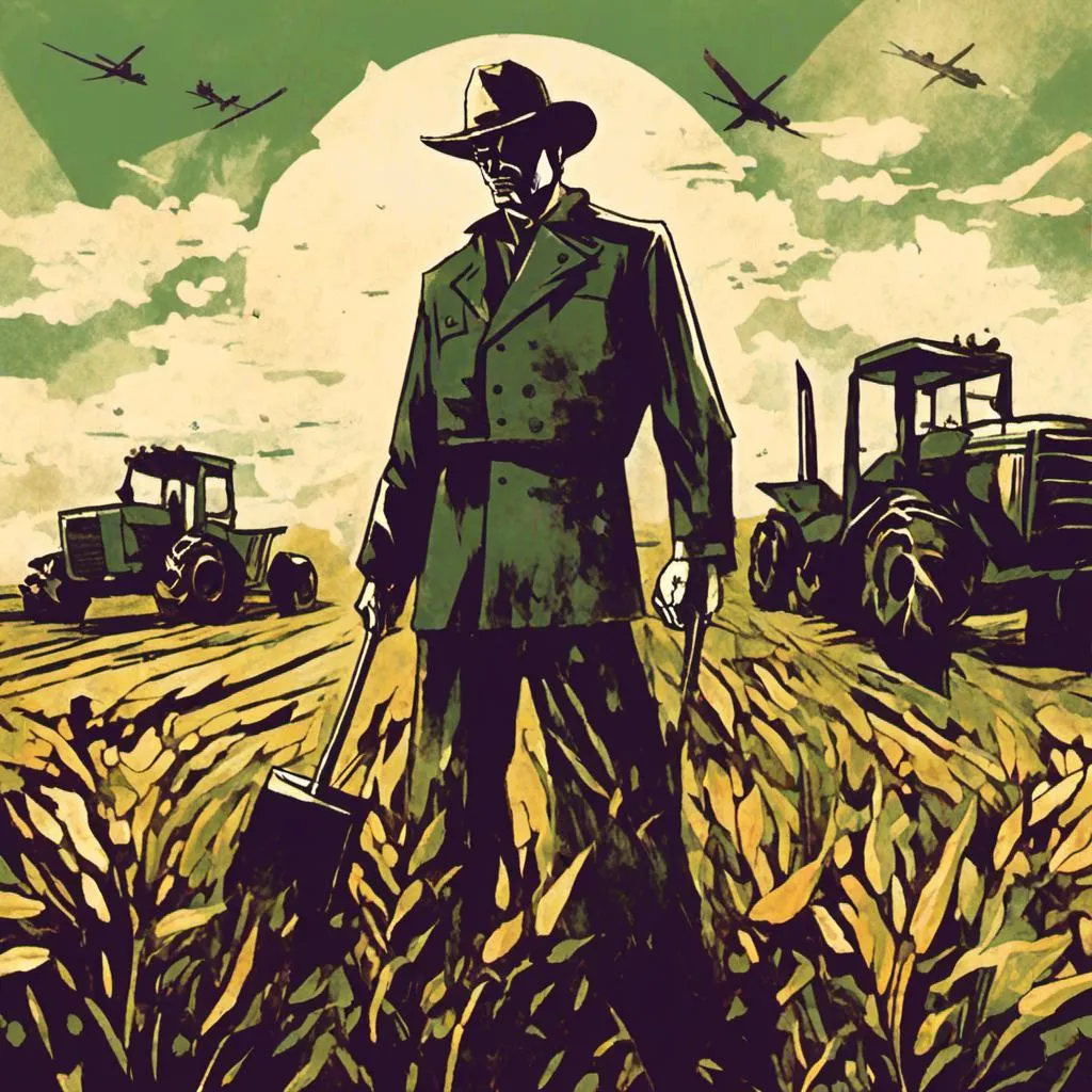 Prompt: <mymodel>Dystopian, poster, 50s, concept art, about farming industry, and USA cold war propaganda.
