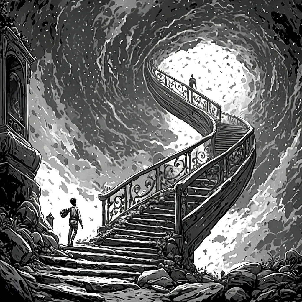 Prompt: <mymodel>Monochrome line art of a person climbing an extremely long and winding staircase at the end of the scale you can see the black sky with stars, scifi, liminal, extreme depth, vector, high contrast, print quality, surreal, futuristic, black and white, staircase vanishing into distance, detailed linework, black