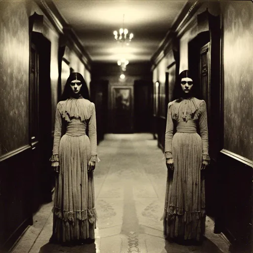 Prompt: <mymodel>Twins in eerie hotel hallway, vintage film style, dimly lit with harsh shadows, creepy and haunting atmosphere, eerie twins with identical dresses, retro film grain, mysterious vibe, high contrast, vintage horror, low-key lighting, chilling, cinematic, supernatural, unsettling, suspenseful, vintage film style, eerie twins, haunting atmosphere