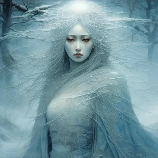 Prompt: <mymodel>Mysterious digital painting of a Yuki Onna, snowy landscape, ethereal and haunting aura, ice-like skin texture, flowing icy hair, piercing icy blue eyes, traditional Japanese attire, delicate snowflakes swirling around, high quality, detailed digital painting, eerie atmosphere, cool tones, ghostly, traditional, snowy, detailed eyes, professional, atmospheric lighting