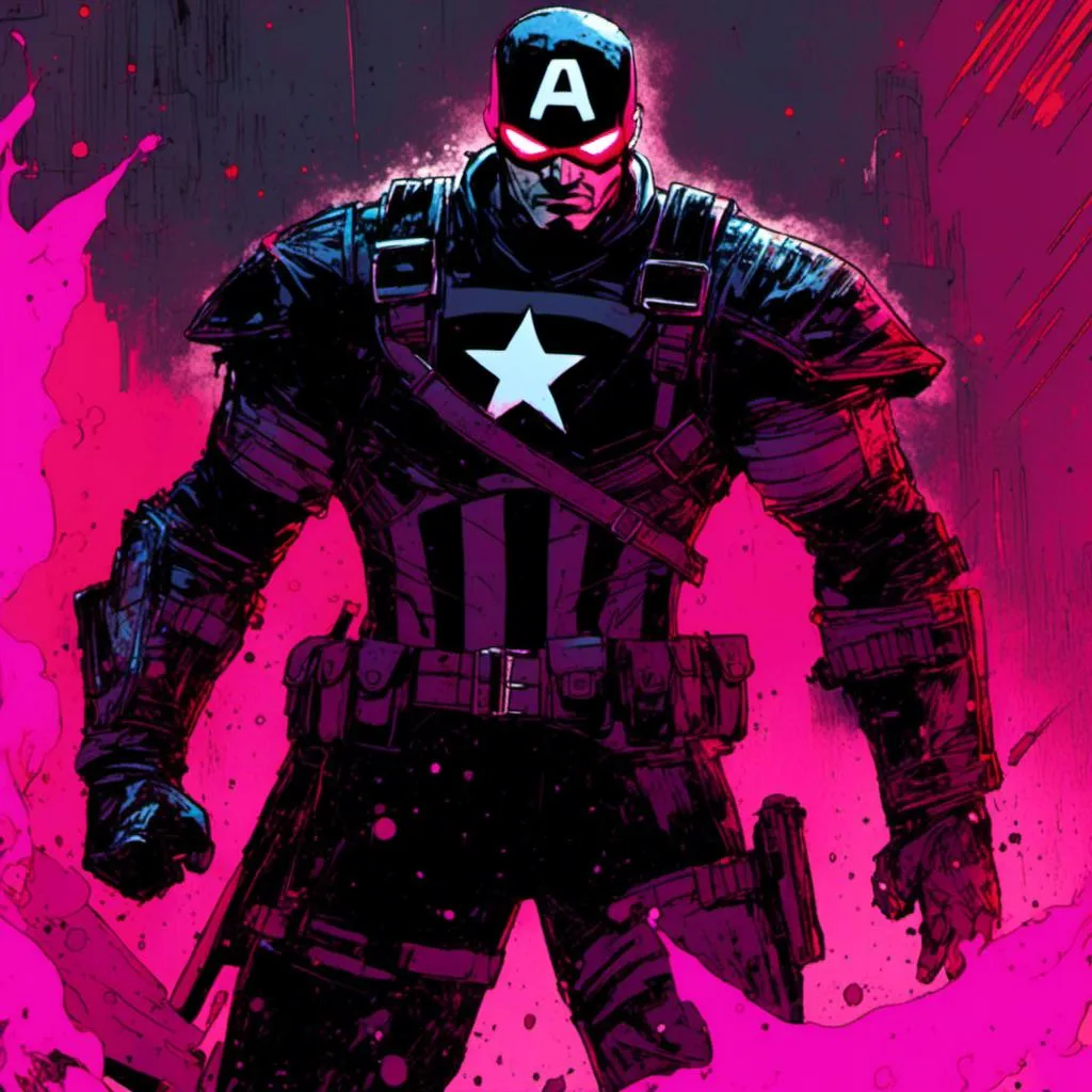 Prompt: <mymodel>Gritty Todd McFarlane style black and neon Captain America. Full body. Gritty, futuristic army-trained villain. Bloody. Accurate. realistic. evil eyes. Slow exposure. Detailed. Dirty. Dark and gritty. Post-apocalyptic Neo Tokyo .Futuristic. Shadows. Armed. Fanatic. Intense. 