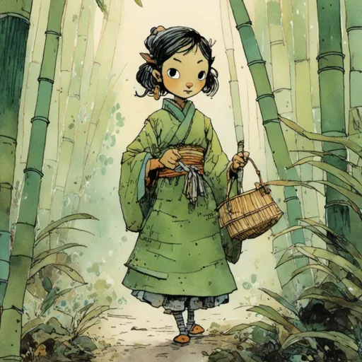 Prompt: <mymodel>Girl in a bamboo forest in a traditional green Chinese dress 