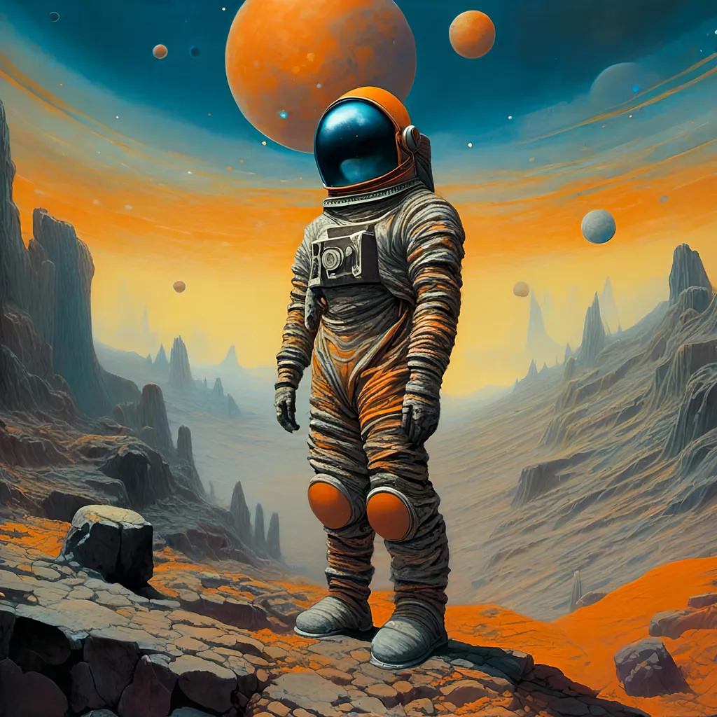 Prompt: <mymodel>astronaut in space suit standing on a rocky surface with planets in the background, intricate design pop art, fortnite skin, dark grey and orange colours, style of cartoon, moutains, bold psychedelic colors, to infinity and beyond, astronaut below, nomad