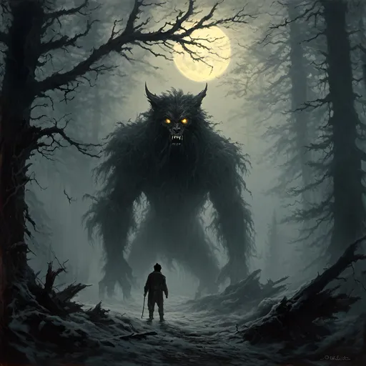 Prompt: <mymodel>Mystical werewolf surrounded by dense fog, dark and eerie forest setting, fur glistening with moonlight, intense and piercing golden eyes, a mixture of human and beast, towering trees with twisted branches, haunting and surreal atmosphere, moonlit silhouette, high quality, detailed, mythical, dark and eerie, mystical, moonlit, haunting eyes, atmospheric lighting