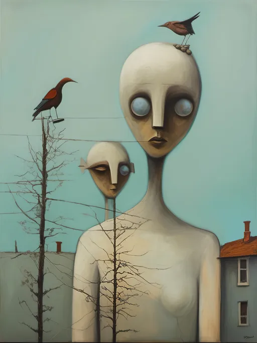 Prompt: <mymodel>a statue of a woman and a man with a bird on their head and a tree in the background, Esao Andrews, massurrealism, dystopian art, a surrealist sculpture