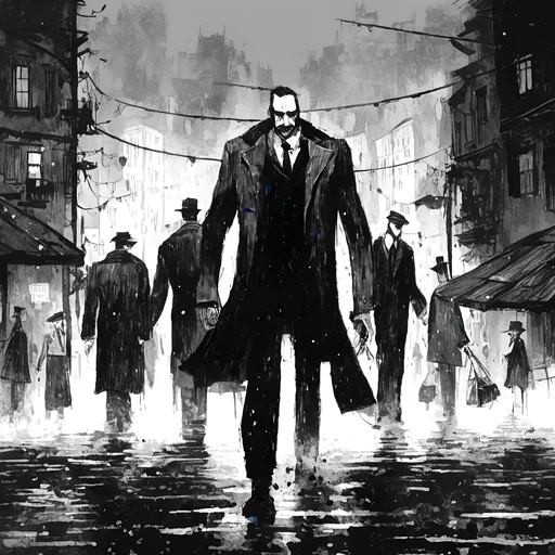 Prompt: <mymodel>Mafiosi in misty city street black and white 