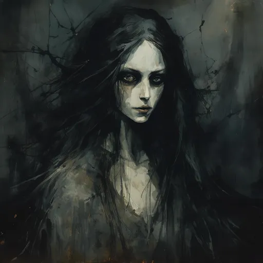 Prompt: <mymodel>Detailed, eerie portrait of a mysterious mother figure, dark and gloomy atmosphere, horror, unsettling facial expression, cold and pale skin, haunting gaze, long flowing hair, high contrast lighting, oil painting, high quality, horror, dark tones, unsettling, eerie, detailed eyes, gloomy, cold skin, mysterious, atmospheric lighting