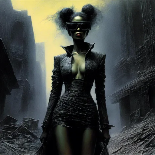 Prompt: <mymodel>Gritty Todd McFarlane style black and neon woman wearing sunglasses. Gritty, futuristic villain. Bloody. Accurate. realistic. evil eyes. Slow exposure. Detailed. Dirty. Dark and gritty. Post-apocalyptic Neo Tokyo .Futuristic. Shadows. Armed. Fanatic. Intense. 