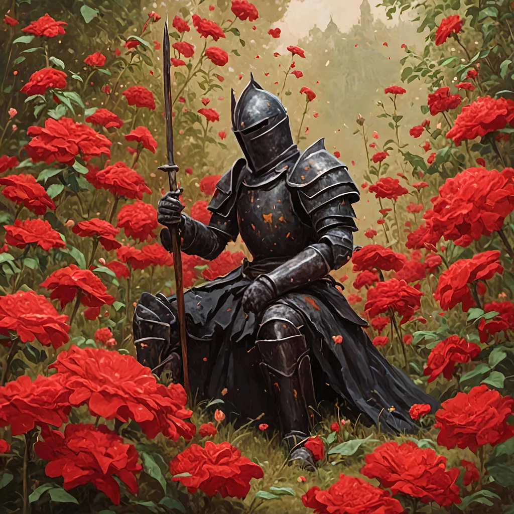 Prompt: <mymodel>Knight in black armor sitting in a field of red flowers, oil painting, detailed armor and flowers, high quality, realistic, medieval, crimson and dark tones, natural lighting