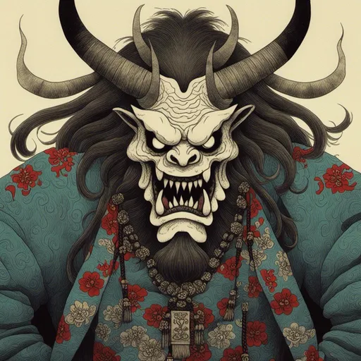 Prompt: <mymodel>High-res digital painting of a formidable white-skinned Japanese Oni with black war paint, fierce expression, intricate horn details, traditional clothing, dynamic pose, detailed face and body, vibrant colors, dramatic lighting, oni, Japanese folklore, digital painting, detailed features, traditional attire, intense gaze, dynamic pose, high contrast lighting, vibrant colors