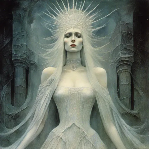 Prompt: <mymodel>evil snow queen, ice powers, pale skin, long straight white hair, white eyes, crown made of ice, looks evil and mean and scary. EVIL, revealing dress