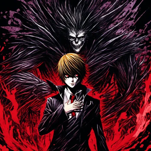 Prompt: <mymodel>High-resolution movie poster of Death Note, dramatic lighting, dark and intense atmosphere, detailed character illustrations, realistic manga style, intense gaze, black and red color scheme, sinister and mysterious, high-quality artwork, cinematic, ominous shadows, iconic Death Note book, professional composition