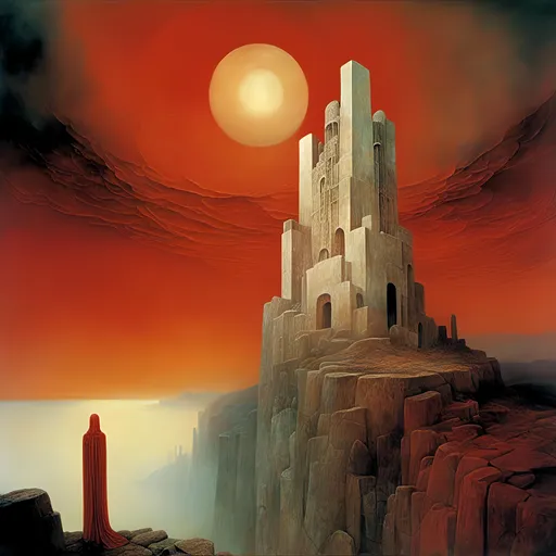 Prompt: <mymodel>Pristine ivory white castle on a cliff, jagged edges, eerie dreadfully red sky, comet, Klimt style, high quality, detailed, surreal, vibrant tones, atmospheric lighting