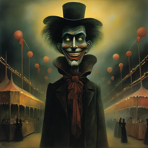 Prompt: <mymodel>Krusty the Clown with an eerie, malevolent grin, casting a dark shadow over a deserted carnival. The carnival rides are twisted and distorted, adding to the sinister atmosphere, and there's an ominous, almost supernatural glow emanating from Krusty's eyes.