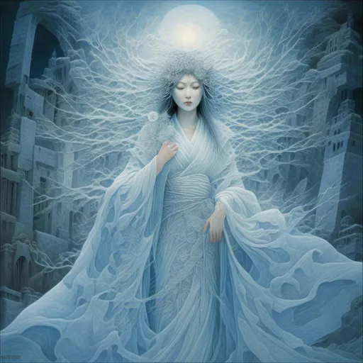 Prompt: <mymodel>Highly detailed digital painting of Yuki Onna, ethereal ice queen with flowing kimono, intricate snowflake patterns, piercing blue eyes, mystical atmosphere, Japanese folklore, supernatural beauty, icy blue and white tones, soft glowing light, 4k, ultra-detailed, digital painting, Japanese folklore, ethereal, intricate details, mystical, icy blue tones, supernatural beauty, soft lighting