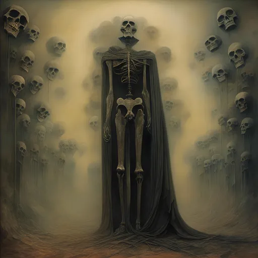 Prompt: <mymodel>oil painting style, envision the Grim Reaper as a towering figure with a skeletal visage, draped in tattered robes that billow like smoke. Their scythe cuts through the air, casting elongated shadows that intertwine with wisps of mist. Behind the Reaper, a series of intricate hourglasses hang suspended, each representing a life's passage. The scene is framed by a moonlit sky, adding an eerie yet captivating atmosphere to the artwork.