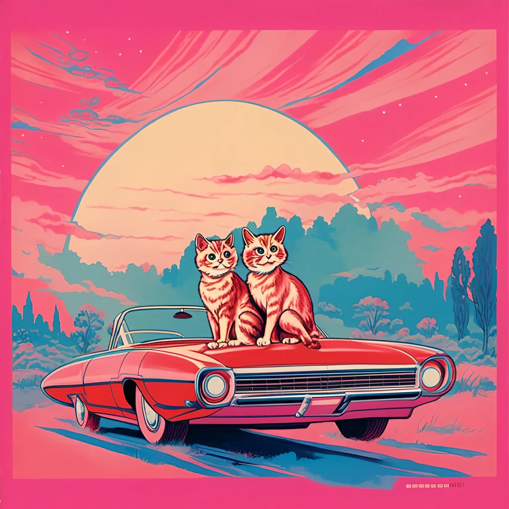 Prompt: <mymodel>a car is shown in a retro style with a pink background and a blue background with a red background, Beeple, retrofuturism, outrun, poster art