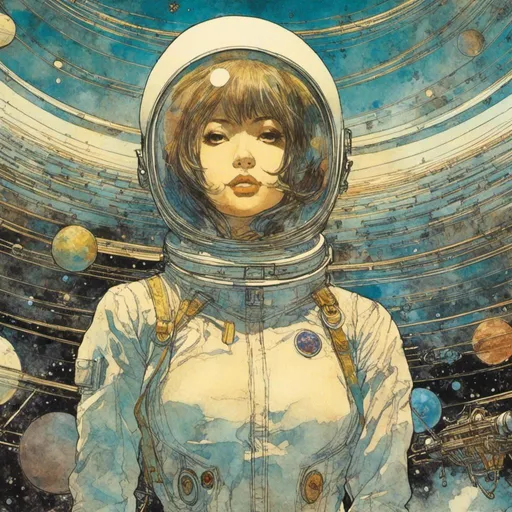 Prompt: <mymodel>Naoyuki Kato, Jean Giraud, Surreal, mysterious, strange, fantastical, fantasy, Sci-fi, Japanese anime, how to navigate the solar system, tourist guide, beautiful girl in a space suit, perfect voluminous body, detailed masterpiece zoom in wide angles 