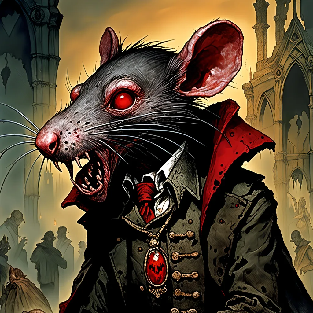 Prompt: <mymodel>Detailed digital painting of a vampiric humanoid rat, dark and ominous, blood-red eyes, sharp fangs, eerie mist, gothic horror style, creepy atmosphere, deep shadows, high contrast, sinister aura, best quality, ultra-detailed, digital painting, gothic horror, eerie mist, blood-red eyes, sharp fangs, ominous atmosphere, sinister, highres, dark tones, atmospheric lighting