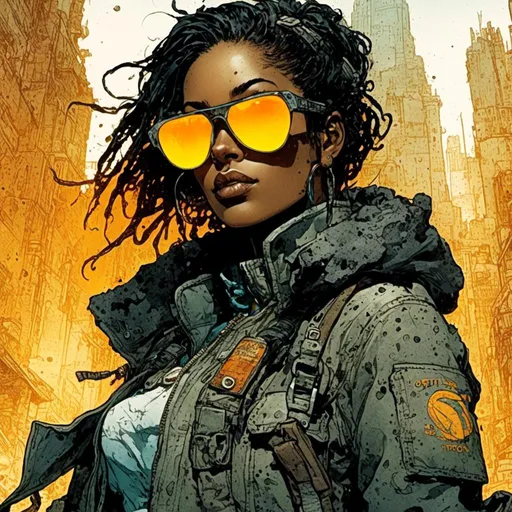 Prompt: <mymodel>Gritty Todd McFarlane style black and neon woman wearing sunglasses. Gritty, futuristic villain. Bloody. Accurate. realistic. evil eyes. Slow exposure. Detailed. Dirty. Dark and gritty. Post-apocalyptic Neo Tokyo .Futuristic. Shadows. Armed. Fanatic. Intense. 