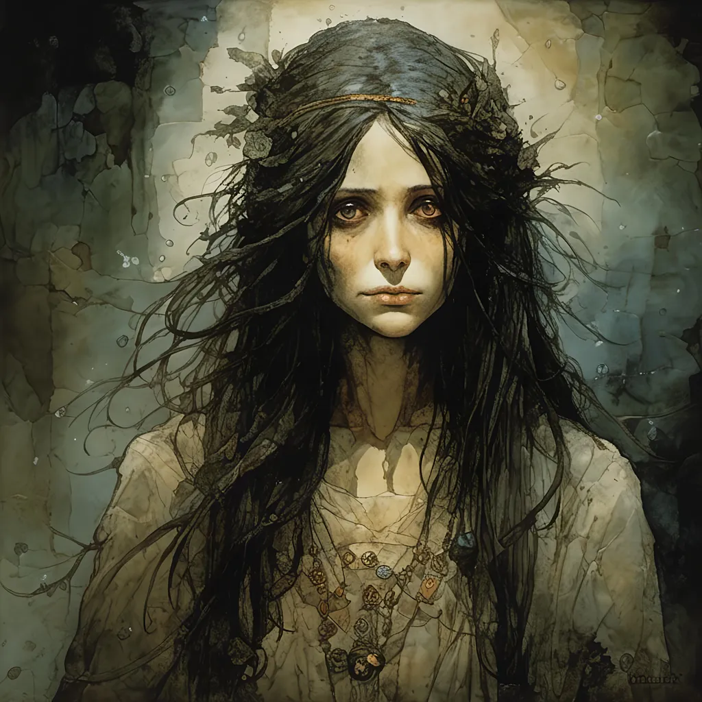 Prompt: <mymodel>Detailed, eerie portrait of a mysterious mother figure, dark and gloomy atmosphere, horror, unsettling facial expression, cold and pale skin, haunting gaze, long flowing hair, high contrast lighting, oil painting, high quality, horror, dark tones, unsettling, eerie, detailed eyes, gloomy, cold skin, mysterious, atmospheric lighting