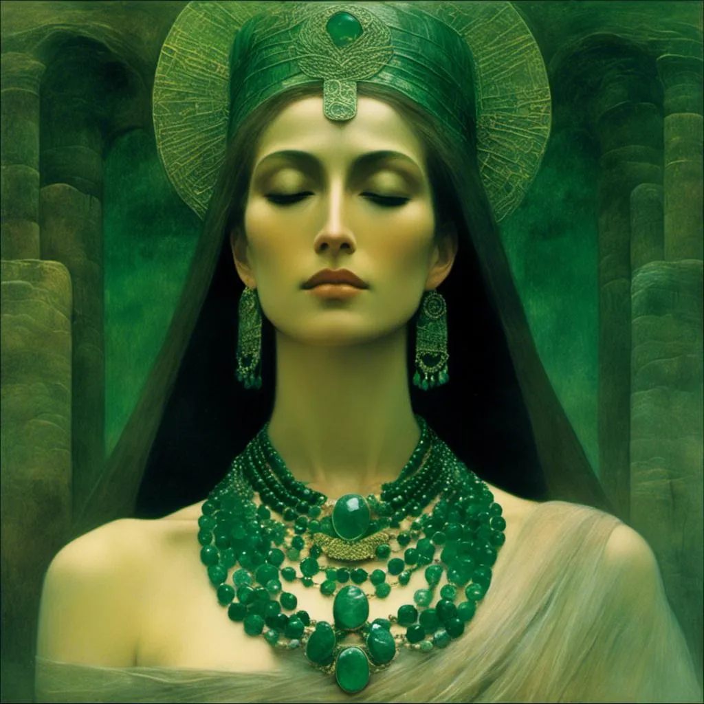 Prompt: <mymodel>Kwan Yin adorned with an emerald necklace, serene amidst a flourishing natural setting, captured in the style of a midjourney v6, emerald hues complementing the lush surroundings, ultra-realistic, Kodachrome aesthetic, high definition, 32k resolution.