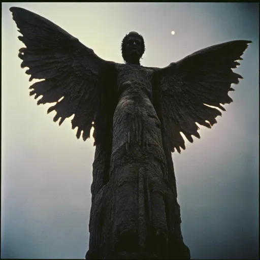 Prompt: <mymodel>Mothman in cinematic lighting, post-processed 35mm film, live-action, best quality, stunning, atmospheric, dramatic, color graded, epic, masterpiece, detailed wings, intense gaze, mysterious silhouette, haunting, dark tones