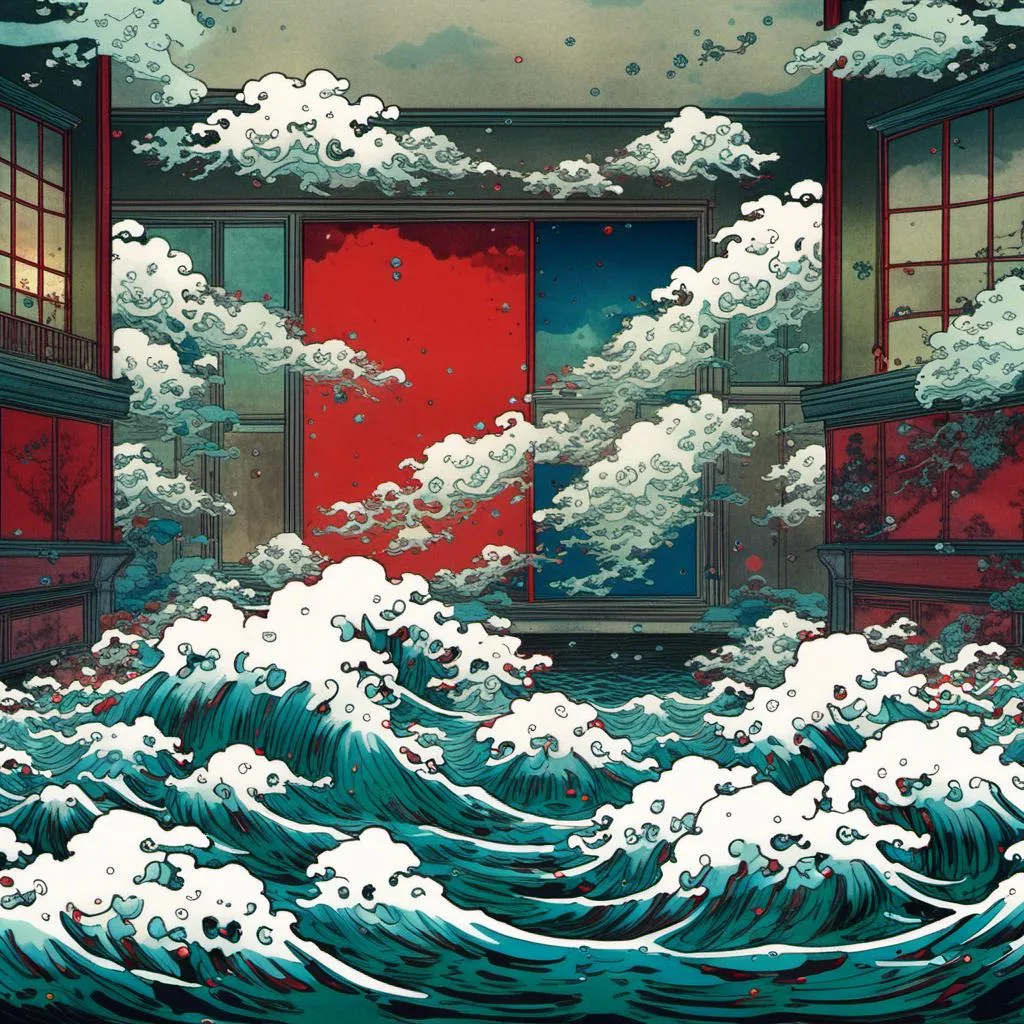 Prompt: <mymodel>Hohokusai, illustarition, red, blue, green, foam, white background, modern appartment submerged in water, top dow view, grim, hyperdetailed, ink 8k, hd, painting, trending on artstation