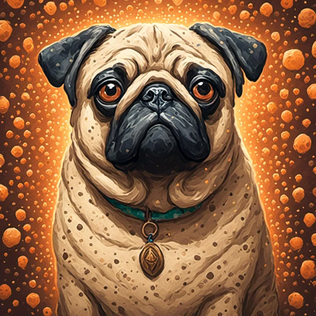 Prompt: <mymodel>Portrait of a pug in pointillism style, detailed fur made of tiny dots, warm and earthy color palette, subtle texture and depth, traditional art medium, high quality, pointillism, detailed eyes, warm tones, artistic, textured finish, professional, atmospheric lighting