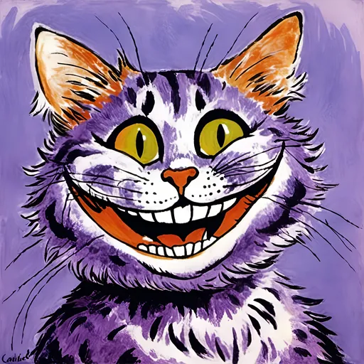 Prompt: <mymodel>Cheshire cat, cartoon cat with a big smile on its face, Carlos Catasse, furry art, purple, a character portrait