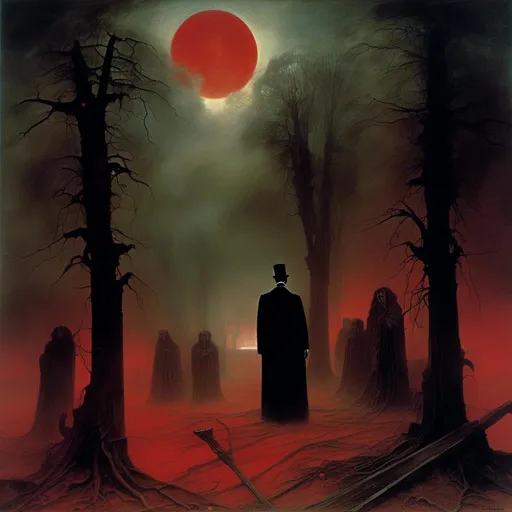 Prompt: <mymodel> a striking scene where Abraham Lincoln, dressed in 19th-century attire, wields a axe, battling fierce, supernatural vampires under a blood-red moon. The setting is a gothic, mist-filled forest with ancient, gnarled trees casting eerie shadows. The contrast between Lincoln's determined expression and the menacing vampires creates a dramatic and captivating composition.