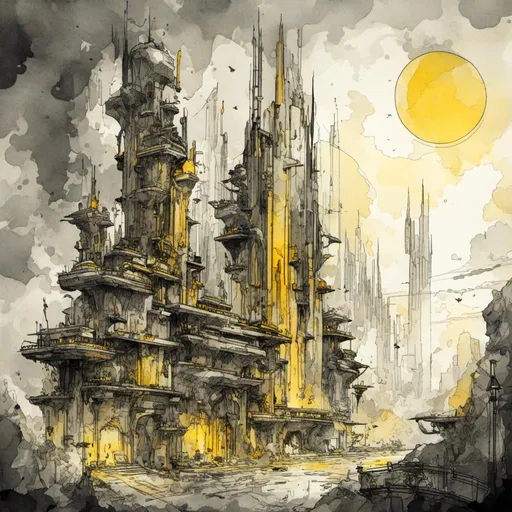 Prompt: <mymodel>futuristic spaceport with towers  in shades of gray and yellow, ink and wash  on paper,Create a decorative frame that blends Art Deco and Gothic styles. The frame should feature geometric patterns and pointed arch motifs characteristic of Gothic design, combined with the symmetrical and luxurious elements of Art Deco. Use materials that appear to be metal, stone, or wood, with intricate carvings and lavish details. The color palette should include black, gold, silver, and deep red tones. Incorporate Gothic stained glass motifs and Art Deco flowing lines to create an elegant and ornate design.
