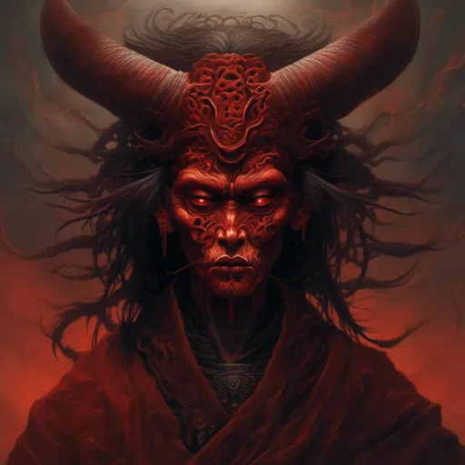 Prompt: <mymodel>High-quality digital illustration of Shuten Doji, traditional Japanese demon, fiery red and black tones, ominous and intense atmosphere, intricate oni mask, detailed horns and fangs, flowing robe with dynamic movements, fierce and menacing expression, dramatic lighting and shadows, best quality, highres, ultra-detailed, digital art, traditional, intense tones, dynamic composition, detailed features, atmospheric lighting