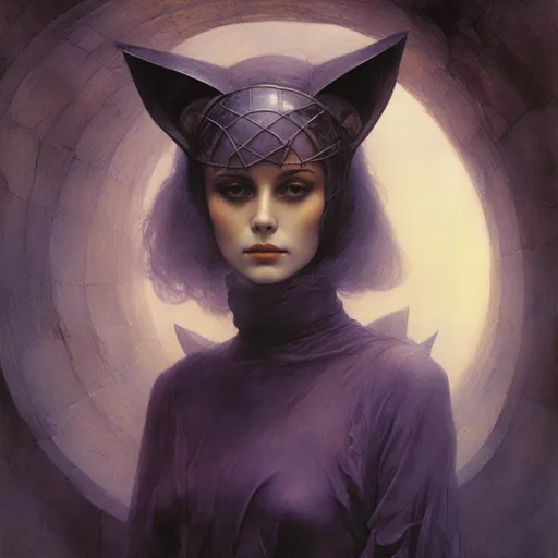 Prompt: <mymodel>a womans in a cat mask, cat ears and purple outfit in a tunnel with a circular light in the background and a circular light in the middle, Fan Kuan, retrofuturism, cosplay, a character portrait