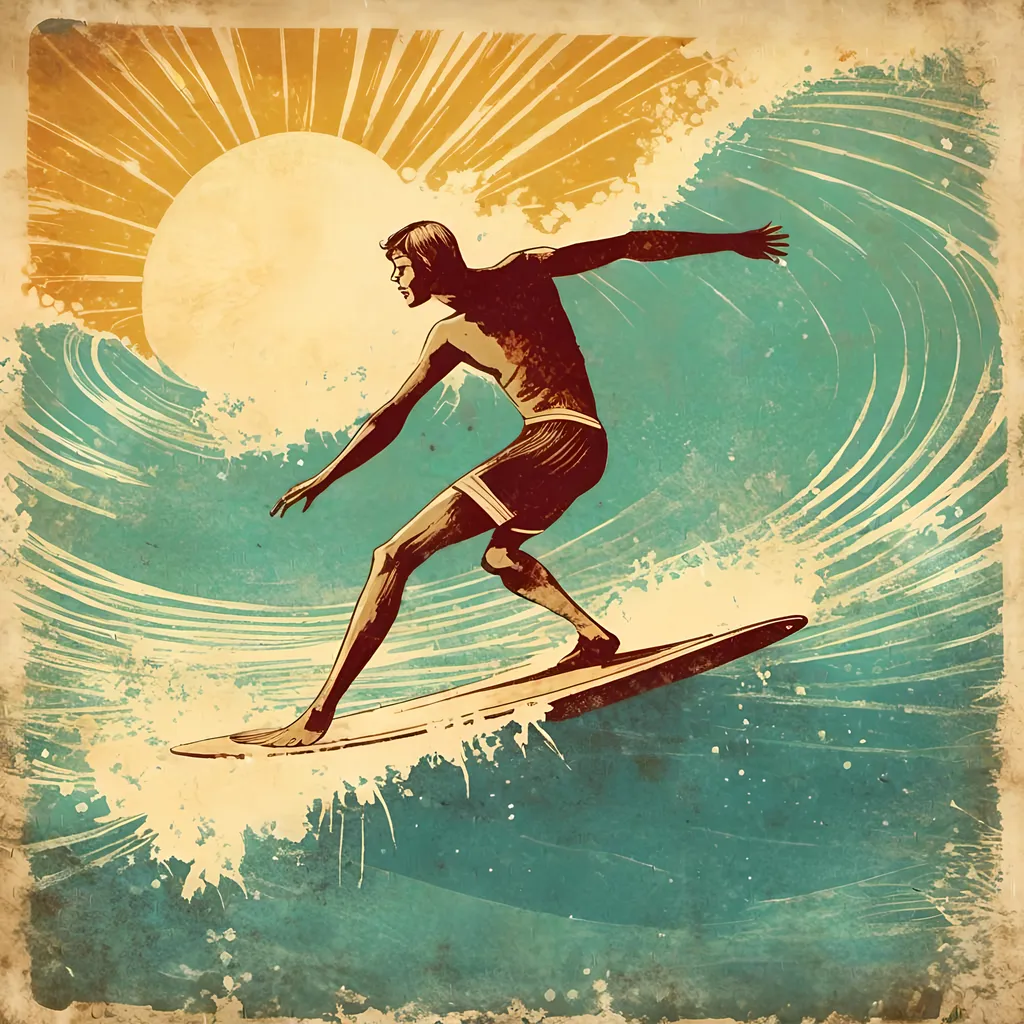 Prompt: <mymodel> Vintage Surfing Poster: A retro-style illustration of a surfer catching a wave, with faded colors and a distressed look to give it a nostalgic 1960s vibe.