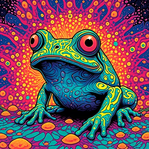 Prompt: <mymodel>2-mile-tall cosmic frog, vibrant and surreal cosmic colors, ultra-detailed texture, surrealism, fantasy, cosmic, overpowered, immense size, cosmic frog, professional, atmospheric lighting, vibrant colors, highres, surreal, textured, cosmic tones, detailed eyes, immense presence