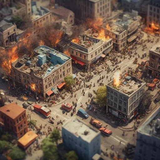 Prompt: <mymodel>zombie apocalypse, aerial view, tilt-shift, isometric miniature world, detailed zombie apocalypse, downtown, fire