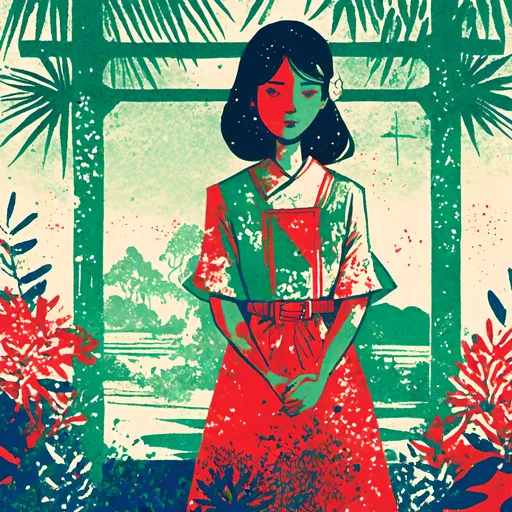 Prompt: <mymodel>Risograph girl of Filipino nationality, 40s, in red, blue, green and white, hand-drawn texture, simple and minimalist shapes, flat colors. Southeast Asian tropical landscape details and architectural elements in the background.